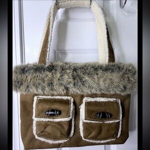 Bath & Body Works VTG Y2K Vegan Suede Faux Fur Tote Travel Winter Brown Bag
